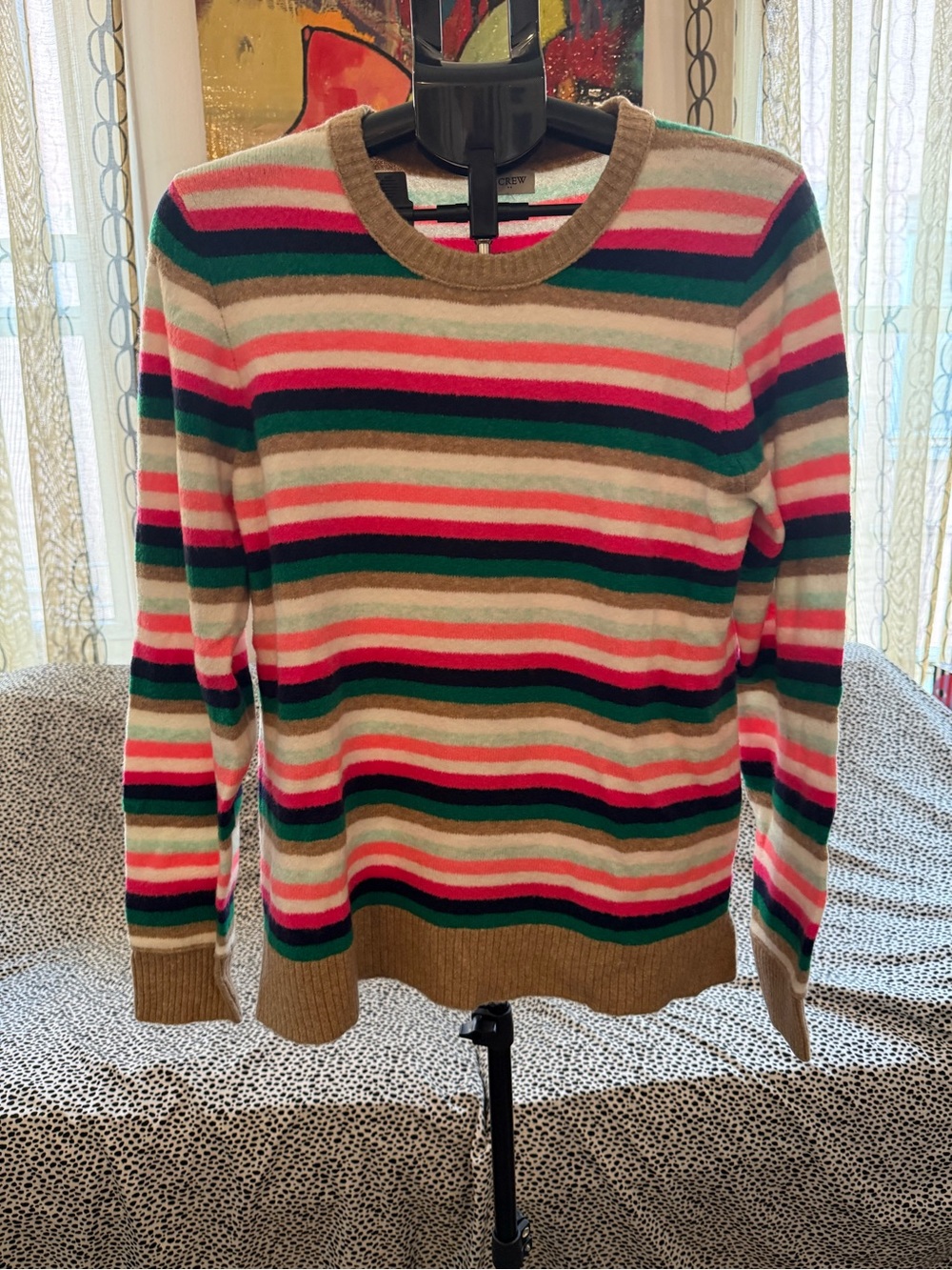 J. Crew Multicolor Striped Crewneck Sweater — Pink, Green, Tan
